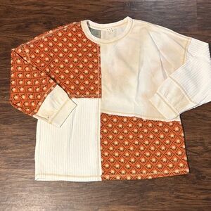 POL Cream & Burnt Orange Patchwork Crewneck